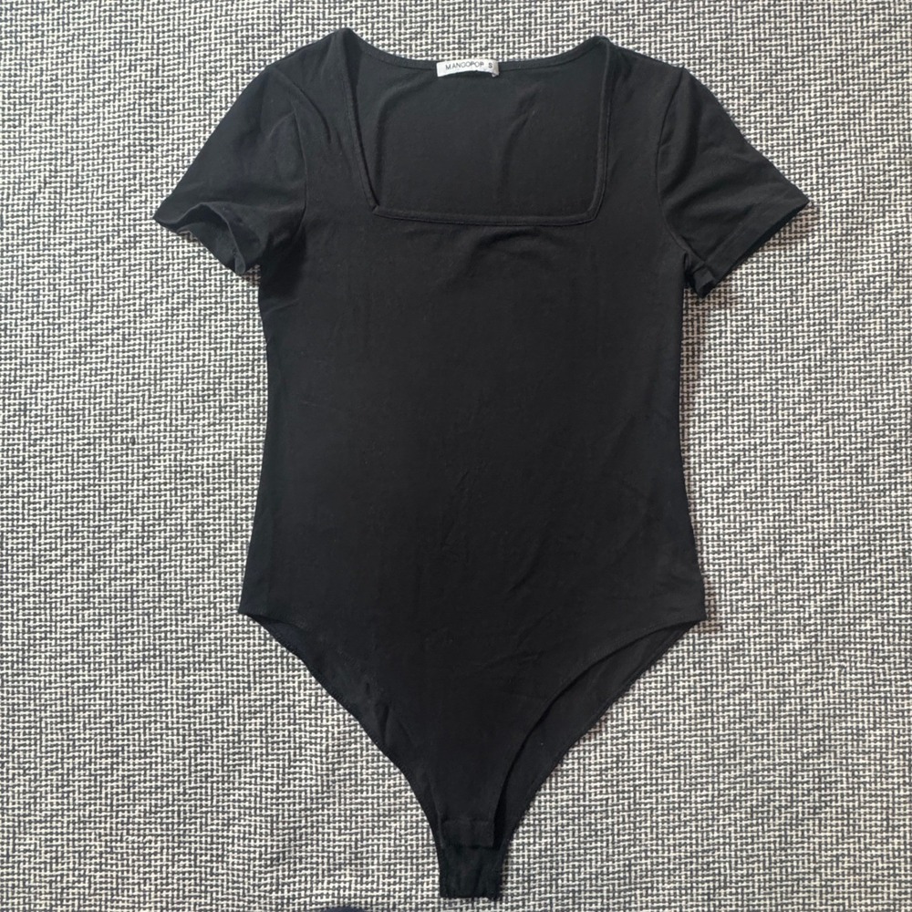 Mangopop Womens Black Square Neck Short Sleeve Snap Closure Bodysuit Size S